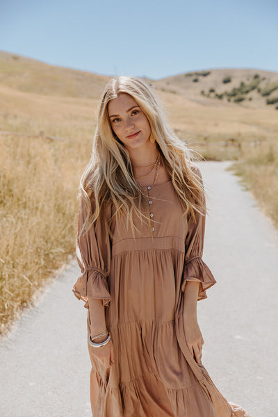 claya maxi dress Cuffed 3/4 Sleeve V-Neck Tiered Maxi Dress in Canyon Clay Medium