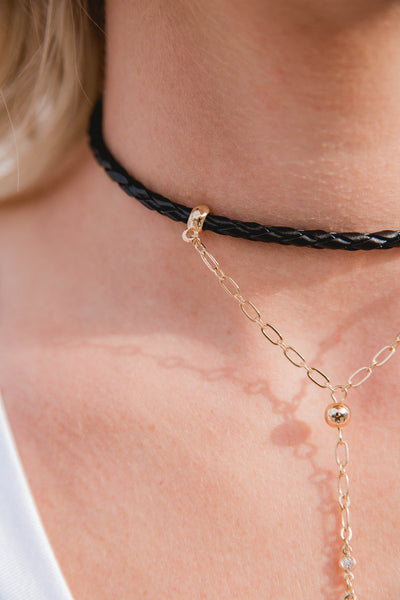 black braided choker with gold lariat necklace